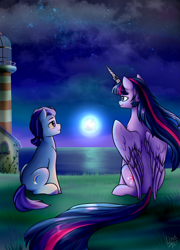Size: 2053x2849 | Tagged: safe, artist:lina, argyle starshine, twilight sparkle, alicorn, earth pony, pony, g5, the last problem, cloud, duo, female, grass, high res, horn, horn ring, lighthouse, male, mare, moon, night, ocean, older, older twilight, ring, sitting, stallion, twilight sparkle (alicorn), water, wings