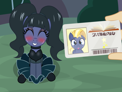 Size: 2379x1791 | Tagged: safe, artist:badumsquish, derpibooru exclusive, star tracker, oc, earth pony, pony, g4, ^^, alternate hairstyle, black lipstick, blushing, choker, clothes, colt, cosplay, costume, crossdressing, crossplay, duo, embarrassed, eyes closed, eyeshadow, femboy, foal, freckles, girly, gloves, goth, grin, happy, holding, library card, lipstick, long hair, makeup, male, offscreen character, pigtails, pov, seems legit, sitting, skirt, smiling, socks, starcrossed, trap