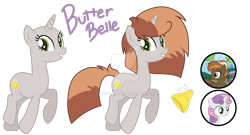 Size: 1218x656 | Tagged: safe, artist:denovoanew, artist:elementbases, button mash, sweetie belle, oc, oc:butter belle, pony, unicorn, g4, base used, cutie mark, deviantart watermark, female, horn, mare, obtrusive watermark, offspring, parent:button mash, parent:sweetie belle, parents:sweetiemash, reference sheet, screencap reference, simple background, solo, transparent background, unicorn oc, watermark