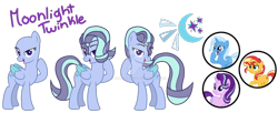 Size: 1280x524 | Tagged: safe, artist:denovoanew, artist:elementbases, starlight glimmer, sunset shimmer, trixie, oc, oc:moonlight twinkle, pegasus, pony, unicorn, g4, base used, colored wings, cutie mark, deviantart watermark, hair over one eye, magical lesbian spawn, obtrusive watermark, offspring, parent:starlight glimmer, parent:trixie, parents:startrix, pegasus oc, reference sheet, simple background, transparent background, watermark, wings