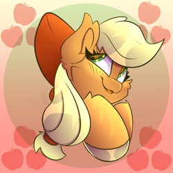 Size: 2500x2500 | Tagged: safe, artist:starcasteclipse, applejack, earth pony, pony, g4, blushing, bow, bust, cute, gradient background, hair bow, high res, jackabetes, portrait, solo