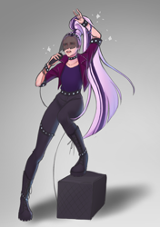 Size: 2108x2997 | Tagged: safe, artist:nebulapurpleart, coloratura, human, g4, count tessiture, countess coloratura, crossdressing, high res, humanized, long hair, male, microphone, rule 63, solo, speaker, tessiture