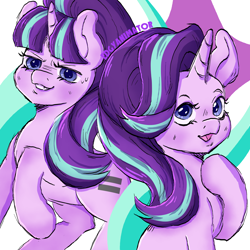Size: 2000x2000 | Tagged: safe, artist:edgyanimator, derpibooru exclusive, starlight glimmer, pony, unicorn, g4, blue eyes, blushing, duality, ears up, equal cutie mark, evil, evil grin, female, grin, high res, long hair, looking at you, mare, open mouth, open smile, purple hair, raised hoof, s5 starlight, simple background, smiling