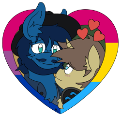 Size: 2160x2075 | Tagged: safe, artist:protoshadez, oc, oc only, oc:shadez, oc:twist o'fate, pony, unicorn, bisexual male, bisexual pride flag, bisexuality, cute, duo, gay, gay pride, gay pride flag, gift art, hat, headphones, heart, hearts and hooves day, high res, holiday, horn, love, male, pans, pansexual, pansexual pride flag, png, pooka, precious, present, pride, pride flag, relationship, relationships, shipping, simple background, transparent background, unicorn oc, valentine, valentine's day