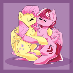 Size: 2048x2048 | Tagged: safe, artist:plushtrapez, fluttershy, oc, oc:dusty ember, pegasus, pony, g4, boop, canon x oc, chest fluff, commission, cute, duo, duo female, eyes closed, female, high res, lesbian, mare, noseboop, pegasus oc, shipping, shyabetes, wings, ych result