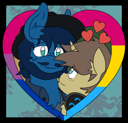 Size: 2160x2075 | Tagged: safe, alternate version, artist:protoshadez, oc, oc only, oc:shadez, oc:twist o'fate, pony, unicorn, bisexual male, bisexual pride flag, bisexuality, cute, duo, gay, gay pride, gay pride flag, gift art, hat, headphones, heart, hearts and hooves day, high res, holiday, horn, love, male, pans, pansexual, pansexual pride flag, png, pooka, precious, present, pride, pride flag, relationship, relationships, shipping, unicorn oc, valentine, valentine's day