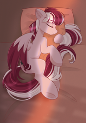 Size: 1748x2480 | Tagged: safe, artist:janelearts, oc, oc only, oc:dusty ember, pegasus, pony, pillow, sleeping, solo, tail