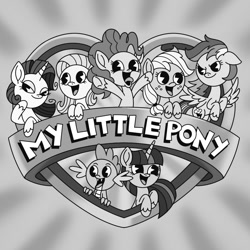 Size: 1280x1280 | Tagged: safe, alternate version, artist:inkies299, applejack, fluttershy, pinkie pie, rainbow dash, rarity, spike, twilight sparkle, alicorn, dragon, earth pony, pegasus, pony, unicorn, g4, animaniacs, black and white, female, floppy ears, grayscale, male, mane seven, mane six, mare, monochrome, open mouth, open smile, pac-man eyes, smiling, spread wings, tongue out, wings