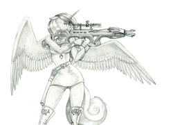 Size: 1500x1077 | Tagged: safe, artist:baron engel, princess cadance, alicorn, anthro, g4, arrow, crossbow, female, gun, mare, monochrome, pencil drawing, quiver, solo, traditional art, weapon