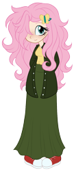 Size: 593x1378 | Tagged: safe, artist:mrsfoquis, fluttershy, human, g4, arm behind back, blushing, female, hair over one eye, humanized, looking at you, messy hair, simple background, smiling, smiling at you, solo, transparent background