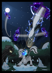 Size: 1700x2374 | Tagged: safe, artist:sherathoz, oc, oc only, oc:tempest streamrider, oc:zedd hoofbreaker, pegasus, pony, zebra, commission, fight, flying, night, outdoors, portals