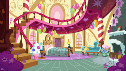 Size: 1194x669 | Tagged: safe, artist:mlp-silver-quill, g4, balloon, bed, fireplace, flower, mirror, no pony, stairs, sugarcube corner, window