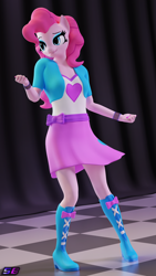 Size: 2160x3840 | Tagged: safe, artist:shadowboltsfm, pinkie pie, earth pony, anthro, plantigrade anthro, g4, 3d, blender, boots, bracelet, breasts, clothes, cute, dancing, equestria girls outfit, eyeshadow, female, high heel boots, high res, jewelry, makeup, not sfm, shirt, shoes, skirt, smiling, solo