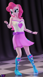 Size: 2160x3840 | Tagged: safe, artist:shadowboltsfm, pinkie pie, earth pony, anthro, plantigrade anthro, g4, 3d, blender, boots, bracelet, breasts, clothes, cute, dancing, equestria girls outfit, eyeshadow, female, high heel boots, high res, jewelry, makeup, not sfm, shoes, shoulderless, skirt, smiling, solo