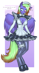 Size: 1392x2616 | Tagged: safe, artist:c91industries, oc, oc only, oc:electra, pegasus, anthro, unguligrade anthro, abstract background, breasts, cleavage, clothes, cursed, evening gloves, female, gloves, heterochromia, hoof shoes, latex dress, long gloves, maid, maid headdress, offscreen character, pegasus oc, skirt, solo, talking, wings