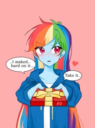 Size: 611x821 | Tagged: safe, artist:rainn__1026, rainbow dash, human, g4, blushing, bronybait, cute, dashabetes, engrish, eyebrows, eyebrows visible through hair, female, heart, holiday, humanized, pink background, pony coloring, present, simple background, solo, speech bubble, sweat, talking to viewer, valentine's day
