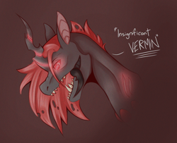 Size: 2000x1620 | Tagged: safe, artist:venobatss, oc, changeling, changeling queen, bust, changeling queen oc, fangs, glowing, glowing eyes, red changeling, solo, story included, talking