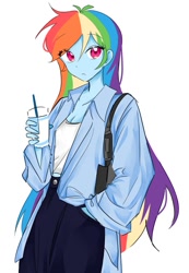 Size: 577x835 | Tagged: safe, artist:rainn__1026, rainbow dash, human, g4, bag, breasts, cleavage, delicious flat chest, drink, drinking straw, female, hand in pocket, humanized, looking at you, pony coloring, rainbow flat, shoulder bag, simple background, solo, white background