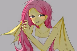Size: 1254x829 | Tagged: safe, artist:rainn__1026, fluttershy, bat pony, human, g4, bare shoulders, bat ponified, bat wings, clothes, fangs, female, fingernails, flutterbat, humanized, looking at you, pony coloring, race swap, sleeveless, solo, tank top, winged humanization, wings
