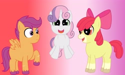 Size: 4096x2458 | Tagged: safe, artist:nyanpasumaddie, apple bloom, scootaloo, sweetie belle, earth pony, pegasus, pony, unicorn, g4, cutie mark crusaders, februpony, female, filly, foal, gradient background