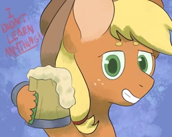 Size: 1280x1024 | Tagged: safe, artist:fizzycolalizzie, applejack, earth pony, pony, g4, cider, cider mug, februpony, female, grin, mare, mug, simple background, smiling, solo, text