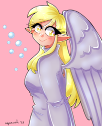 Size: 1800x2211 | Tagged: safe, artist:mylittleyuri, derpy hooves, human, g4, blushing, bubble, clothes, cute, derpabetes, elf ears, female, humanized, pink background, simple background, solo, sweater, winged humanization, wings