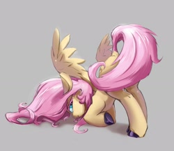 Size: 2384x2070 | Tagged: safe, artist:i love hurt, fluttershy, pegasus, pony, g4, butt, covering, face down ass up, female, high res, hooves, mare, plot, simple background, solo, tail, tail covering, underhoof