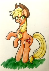 Size: 2789x4030 | Tagged: safe, artist:mylittleyuri, applejack, earth pony, pony, g4, applejack's hat, cowboy hat, cute, female, hat, jackabetes, mare, open mouth, rearing, solo, traditional art