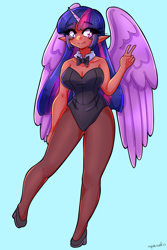 Size: 1800x2700 | Tagged: safe, artist:mylittleyuri, twilight sparkle, alicorn, human, g4, alicorn humanization, big breasts, blue background, bowtie, breasts, bunny suit, busty twilight sparkle, clothes, dark skin, elf ears, female, high heels, horn, horned humanization, humanized, pantyhose, peace sign, playboy bunny, shoes, simple background, socks, solo, stockings, thigh highs, twilight sparkle (alicorn), winged humanization, wings