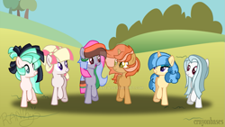 Size: 1191x671 | Tagged: safe, artist:crayoncreates, artist:denovoanew, oc, oc only, oc:flower, oc:kyle starstruck, oc:sapphire song, oc:sweetart, oc:velvet glam, oc:winter melody, earth pony, pegasus, pony, unicorn, all bottled up, g4, base used, best friends until the end of time, bun hairstyle, deviantart watermark, earth pony oc, female, horn, male, mare, mascara, obtrusive watermark, pegasus oc, shadow, signature, stallion, unicorn oc, watermark