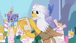 Size: 1280x720 | Tagged: safe, artist:mlp-silver-quill, oc, oc only, oc:silver quill, hippogriff, after the fact, after the fact:the cutie map, paper, ponyville, quill, solo, twilight's castle, water, waterfall, windmill