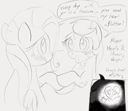 Size: 1095x949 | Tagged: safe, artist:dotkwa, fluttershy, oc, oc:deary dots, earth pony, pegasus, pony, g4, blushing, canon x oc, cute, dialogue, female, gray background, grayscale, heart, holding hooves, holiday, lesbian, monochrome, ocbetes, shipping, shyabetes, simple background, speech bubble, valentine's day