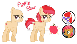 Size: 1181x677 | Tagged: safe, artist:denovoanew, artist:elementbases, babs seed, twist, oc, oc:apple star, earth pony, pony, g4, base used, circle, cutie mark, deviantart watermark, earth pony oc, female, filly, foal, heterochromia, magical lesbian spawn, mare, messy mane, obtrusive watermark, offspring, parent:babs seed, parent:twist, parents:babstwist, reference sheet, screencap reference, simple background, transparent background, watermark