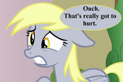 Size: 1080x720 | Tagged: safe, edit, edited screencap, editor:korora, screencap, derpy hooves, pony, g4, triple threat, cropped, reaction image, speech bubble, wince