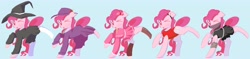 Size: 5634x1339 | Tagged: safe, artist:solid shrimp, pinkie pie, earth pony, pony, succubus, g4, boots, clothes, cute, detective, diapinkes, female, hat, ninja, one-piece swimsuit, outfit, shoes, simple background, socks, solo, swimsuit, witch, witch hat