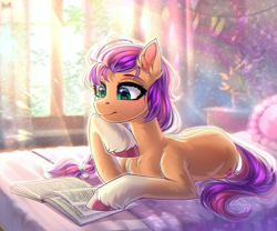 Size: 2400x2000 | Tagged: safe, artist:hakaina, sunny starscout, earth pony, pony, g5, backlighting, beautiful, bed, bedroom, book, braid, braided ponytail, chest fluff, coat markings, colored, crepuscular rays, cute, depth of field, ear fluff, eyelashes, female, fluffy, gradient hooves, green eyes, high res, hoof fluff, hoof on chin, leg fluff, looking at something, looking down, lying down, mare, on bed, pillow, ponytail, potted plant, prone, reading, scrunchie, shading, shadow, signature, smiling, socks (coat markings), solo, spine, sunnybetes, unshorn fetlocks, window