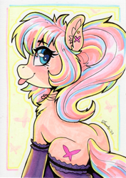 Size: 1467x2072 | Tagged: safe, artist:dandy, oc, oc only, oc:bijou butterfly, earth pony, pony, chest fluff, clothes, copic, ear fluff, earth pony oc, eye clipping through hair, eyebrows, eyebrows visible through hair, female, jewelry, looking at you, looking back, looking back at you, mare, necklace, piercing, ponytail, sitting, solo, stockings, thigh highs, tongue out, traditional art