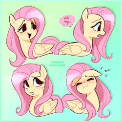 Size: 2433x2433 | Tagged: safe, artist:syrupyyy, fluttershy, pegasus, pony, g4, :i, blushing, cute, dialogue, emanata, expressions, eyes closed, female, floppy ears, gradient background, high res, mare, no iris, oh my, open mouth, open smile, plewds, shyabetes, smiling, solo, speech bubble