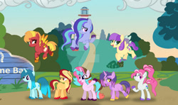 Size: 1163x687 | Tagged: safe, artist:denovoanew, artist:mint-light, oc, oc only, oc:blast, oc:dusk clouds, oc:lilac fields, oc:shimmering dawn, oc:sugaring candy, oc:sunbeam, oc:waterfall mist, oc:wind spirit, earth pony, pegasus, pony, unicorn, g4, g5, base used, coat markings, colored hooves, colored wings, deviantart watermark, earth pony oc, female, g5 oc, g5 to g4, generation leap, horn, lighthouse, mare, maretime bay, obtrusive watermark, pegasus oc, pigtails, ponytail, unicorn oc, unshorn fetlocks, watermark, wings