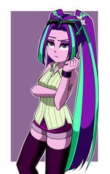 Size: 1080x1700 | Tagged: safe, artist:nekojackun, aria blaze, equestria girls, g4, aria flat, bare shoulders, breasts, clothes, delicious flat chest, eyebrows, female, looking at you, raised eyebrow, shorts, sleeveless, socks, solo, sunglasses, thigh highs, vest