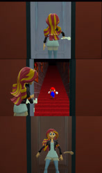 Size: 1920x3275 | Tagged: safe, sunset shimmer, human, equestria girls, g4, 3d, clothes, comic, digital art, door, dress, female, jacket, leather, leather jacket, mario, meme, meme template, minimalist, running, simple background, solo, source filmmaker, stairs, super mario 64, super mario bros., worried