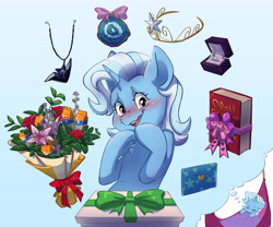Size: 4485x3733 | Tagged: safe, artist:chub-wub, trixie, pony, unicorn, g4, absurd resolution, bed, blanket, blue background, blushing, book, bouquet of flowers, bow, crackers, crown, cute, diatrixes, dream, female, flower, food, hammock, jewelry, letter, mare, necklace, open mouth, peanut butter, peanut butter crackers, present, regalia, ring, simple background, sleeping, solo, spellbook, tiara, wedding ring