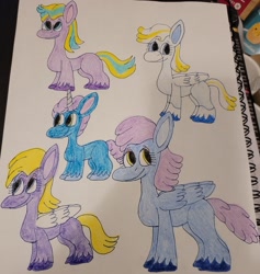 Size: 2908x3062 | Tagged: safe, artist:mintwhistle, oc, oc only, oc:angel hooves, oc:chamomile, oc:miss hortensia, oc:miss hydrangea, oc:perfect pitch, earth pony, pegasus, pony, unicorn, g5, colt, crayon drawing, earth pony oc, eyeshadow, female, foal, g5 oc, group, high res, horn, looking back, looking left, looking right, looking up, makeup, male, mare, missing cutie mark, no catchlights, pegasus oc, pink eyeshadow, quintet, sketchbook, smiling, stallion, traditional art, unicorn oc, unshorn fetlocks