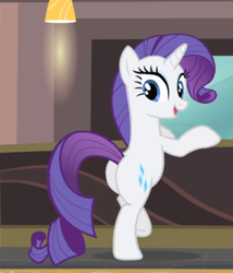 Size: 550x642 | Tagged: safe, artist:icetea, edit, edited screencap, screencap, rarity, earth pony, pony, unicorn, g4, rarity takes manehattan, bipedal, bipedal leaning, butt, butt tail, buttcrack, cropped, female, leaning, mare, open mouth, open smile, plot, rearity, smiling, solo