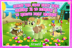 Size: 1956x1297 | Tagged: safe, gameloft, burr laplander, earth pony, pony, g4, my little pony: magic princess, advertisement, background character, background pony, balloon, banner, burlap, bush, cart, coin, english, female, food, gem, hair bun, mare, mobile game, numbers, pie, solo, text
