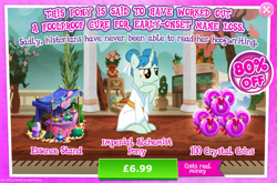 Size: 1965x1300 | Tagged: safe, gameloft, bamboo brush, pony, unicorn, g4, my little pony: magic princess, advertisement, background character, background pony, bush, clothes, costs real money, curved horn, english, female, hair bun, horn, introduction card, mare, mobile game, numbers, perfume, sale, solo, stand, text
