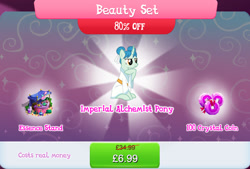 Size: 1267x856 | Tagged: safe, gameloft, bamboo brush, pony, unicorn, g4, my little pony: magic princess, background character, background pony, bundle, bush, clothes, costs real money, curved horn, english, female, hair bun, horn, mare, mobile game, numbers, perfume, sale, solo, stand, text