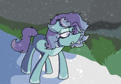 Size: 670x469 | Tagged: safe, artist:thedangbooper, oc, oc:snowdin falls, earth pony, pony, blind, ears back, looking offscreen, markings, messy mane, snow, snowfall, solo, teenager