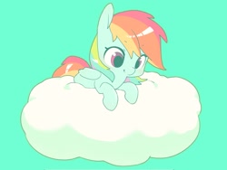 Size: 2048x1536 | Tagged: safe, artist:cheesesauce_45, rainbow dash, pegasus, pony, g4, chibi, cloud, cute, dashabetes, female, green background, looking down, lying down, lying on a cloud, mare, on a cloud, simple background, smiling, solo