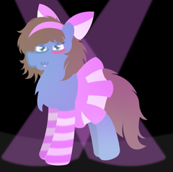 Size: 3043x3035 | Tagged: safe, artist:epsipeppower, oc, oc only, oc:bizarre song, pony, black background, blushing, bow, clothes, crossdressing, femboy, hair bow, high res, lightning, lipstick, makeup, male, messy mane, pink socks, simple background, skirt, socks, solo, striped socks